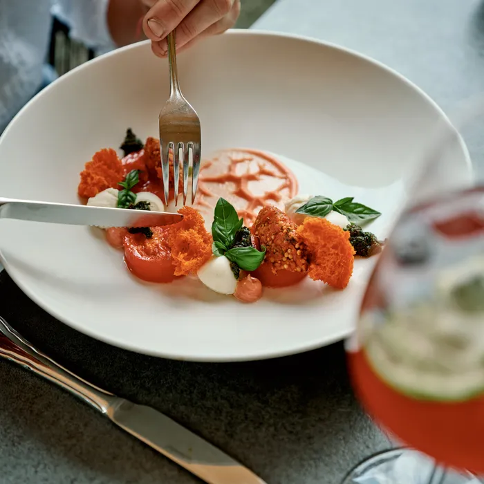 Gourmet-Tomaten-Mozzarella-Salat mit Basilikum und Schaum auf weißem Teller serviert